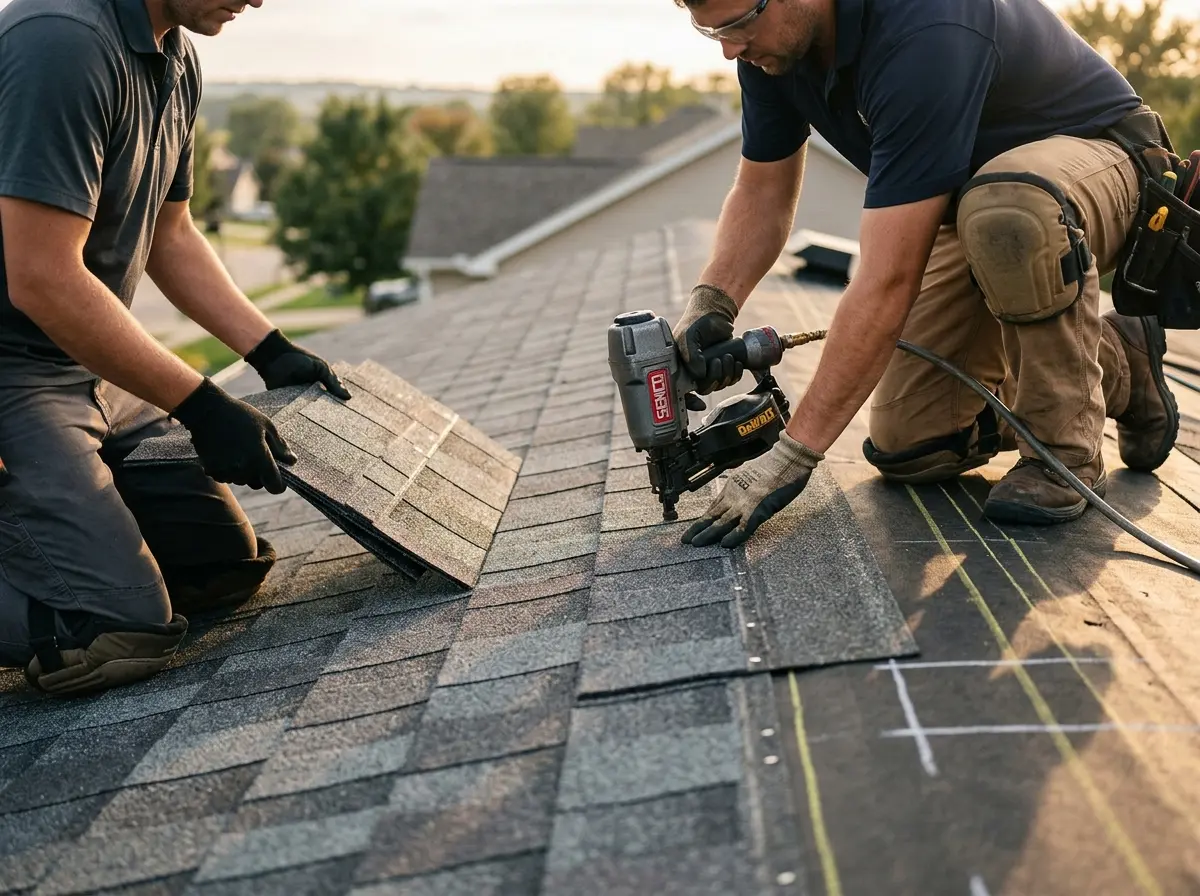 Professional roofer working on a residential roof in Rantoul